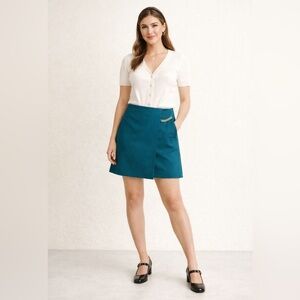 Ann Taylor NWT Gold Chain Wrap Front Green Teal Mini Skirt Size 12
